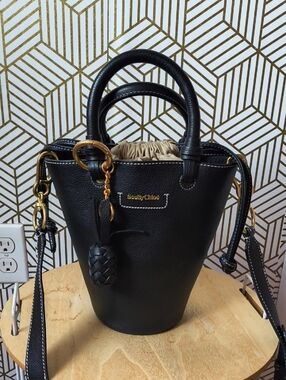 See By Chloe Black Leather Mini Bucket Bag with Gold Hardware and Tan Drawstring